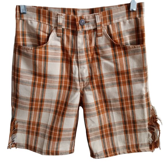 Men's 28W Vintage Levi's 1970's Big E Sta-Prest Plaid Cotton Shorts Distress USA - Picture 1 of 7
